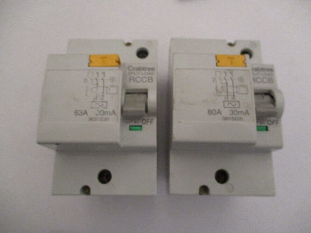 CRABTREE STARBREAKER 63 AMP & 80 AMP 30mA SPLIT LOAD RCCBS OLDER YELLOW ...