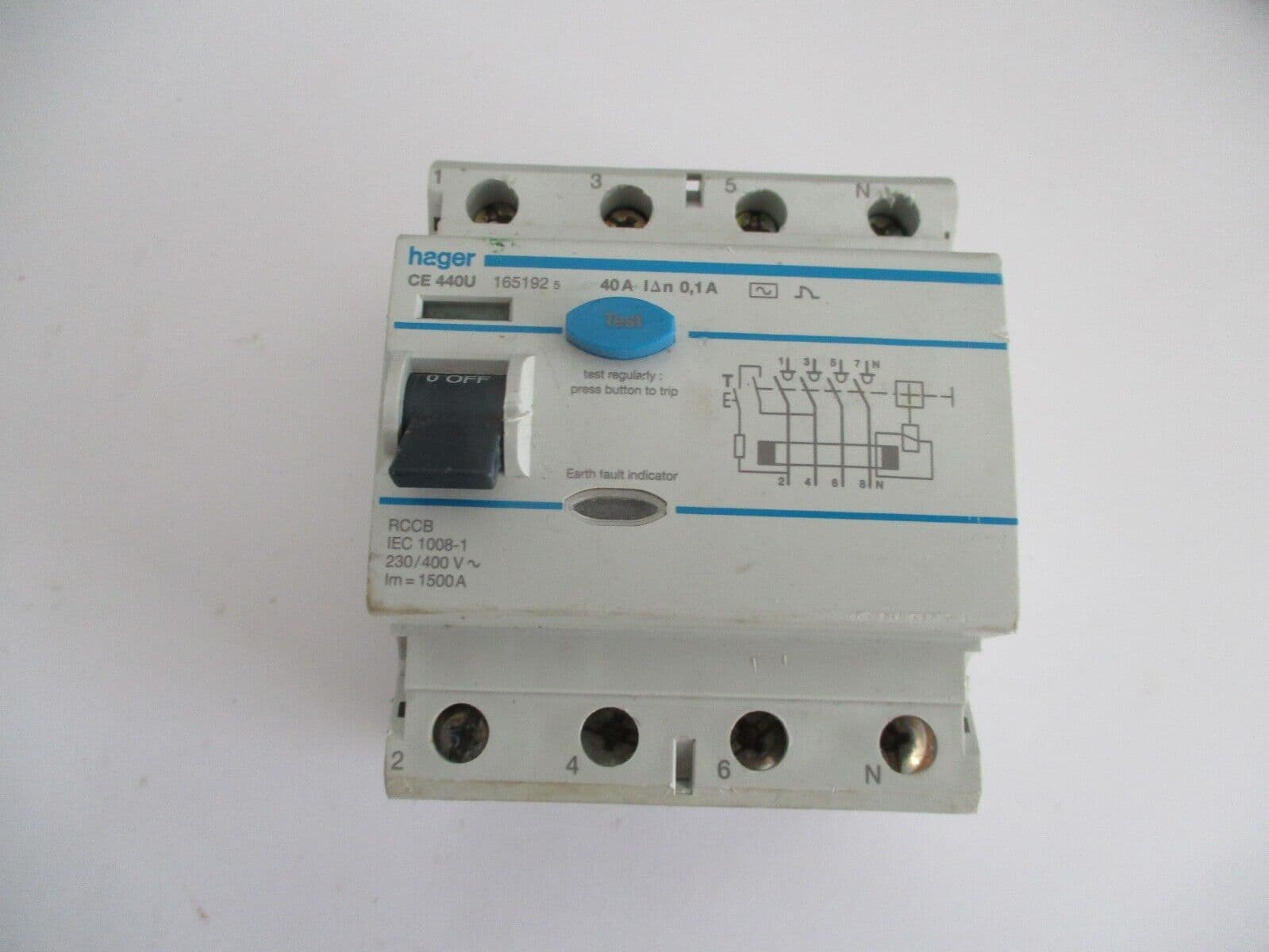HAGER CE 440U 40 AMP 100mA 4 POLE RCCB CIRCUIT BREAKER
